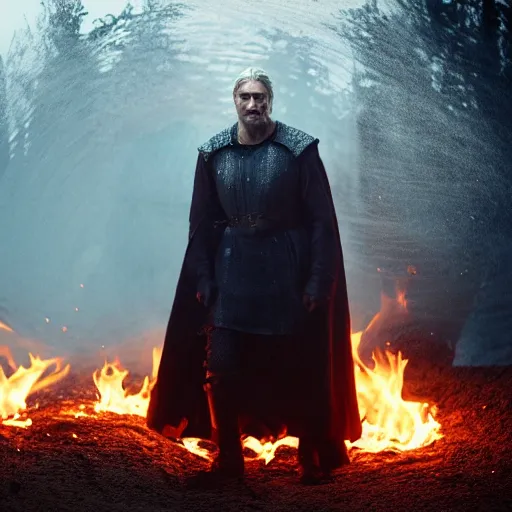 Image similar to mads mikkelsen as gerald the witcher doing igni, fire, concept art, high definition, professional photography, 8 k