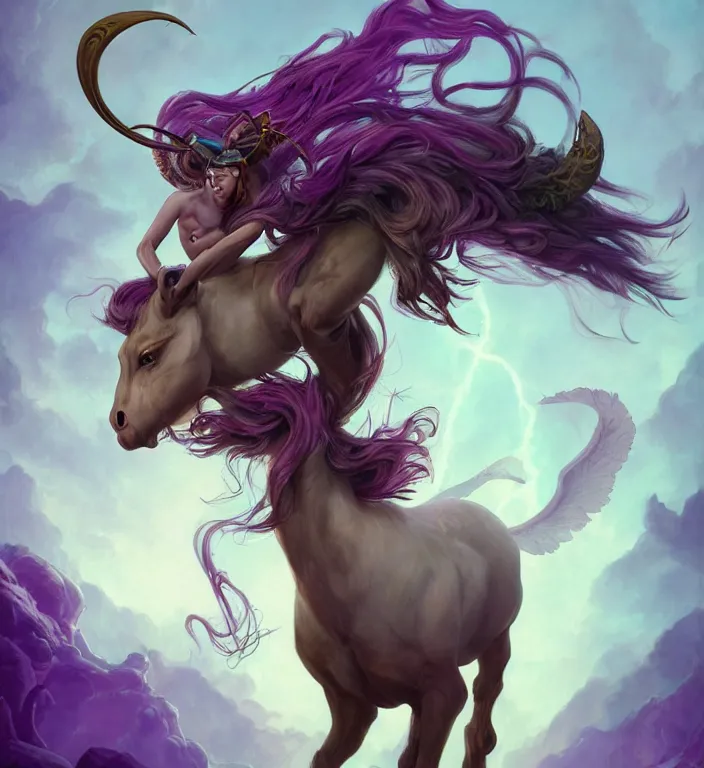 Prompt: a polaroid photo of, a majestic female centaur with white wings and with a horn on the forehead and purple hair and elf ears, backlit, strong rim light, highly detailed, digital painting, by Peter Mohrbacher + Dan Mumford + vivid colors + high contrast, 8k resolution, intricate, photorealistic, smooth