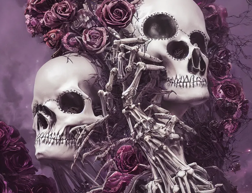 Image similar to a chaotic goddess of death skeleton as a heroine, intricate, elegant skull black rose s day of the dead atmospheric, dramatic, Trending on artstation. augmentations and cybernetic enhancements neon circuits, greg rutkowski , hyperrealist, cinema4D, 8k highly detailed