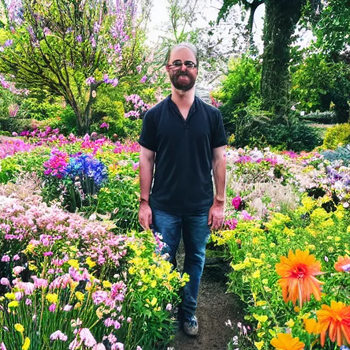 Image similar to a photo of a man standing in a garden surrounded by beautiful flowers