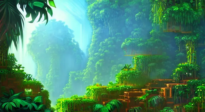 Image similar to beauiful background painting of a jungle level of a 2 d sidescroller game, the jungle is dense and thick, under sunlight above, video game art, pixel art, concept art, soft and lushful, impressionism, ultra detailed, natural lighting, trending on artstation