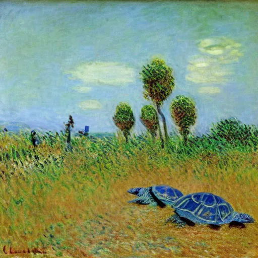 Prompt: tortoises using heavy artillery by claude monet