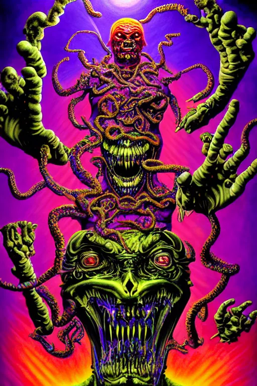 Image similar to a hyperrealistic painting of an epic boss fight against an ornate supreme telekinetic psychic dark overlord, cinematic horror by chris cunningham, lisa frank, richard corben, highly detailed, vivid color,