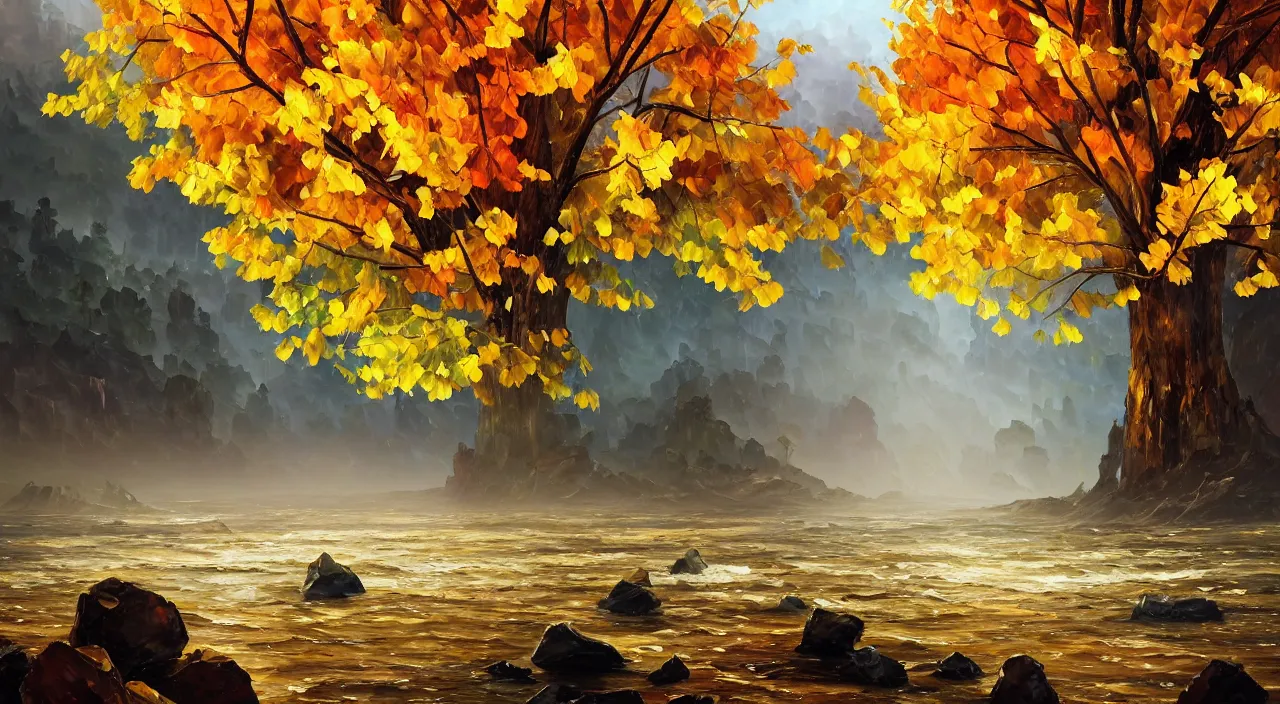 Prompt: A highly detailed matte oil painting by Afremov and Greg Rutkowski of a very tall tree with lots of golden leaves growing on a pile of rocks in the middle of a river of pure gold.