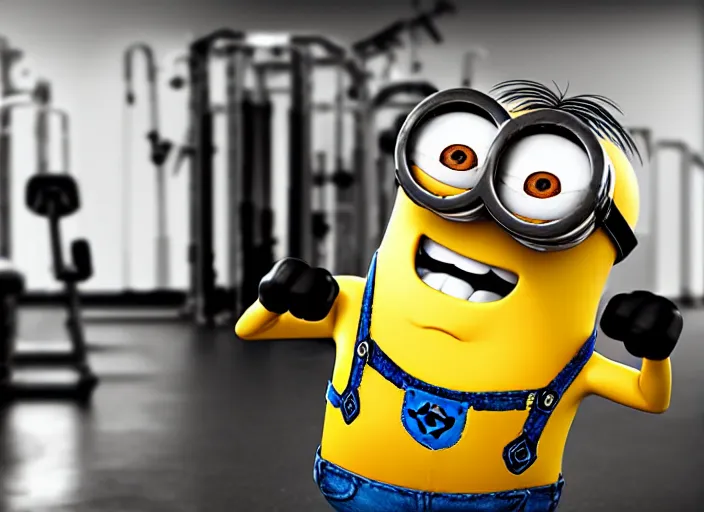 Prompt: a minion in the gym, strong, fitness, muscle, fotorealistic, 4 k