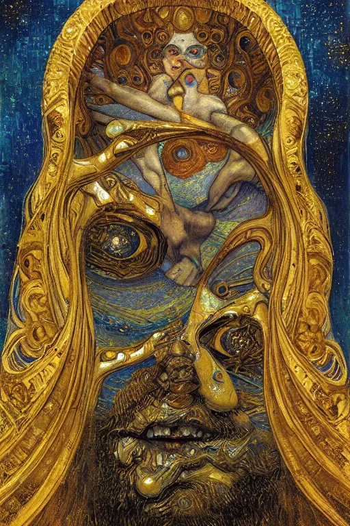 Prompt: The Misericorde by Karol Bak, Jean Deville, Gustav Klimt, and Vincent Van Gogh, otherworldly, fractal structures, arcane, prophecy, ornate gilded medieval icon, third eye, spirals