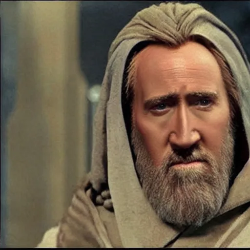 Image similar to Old Ben Kenobi played by Nicolas Cage