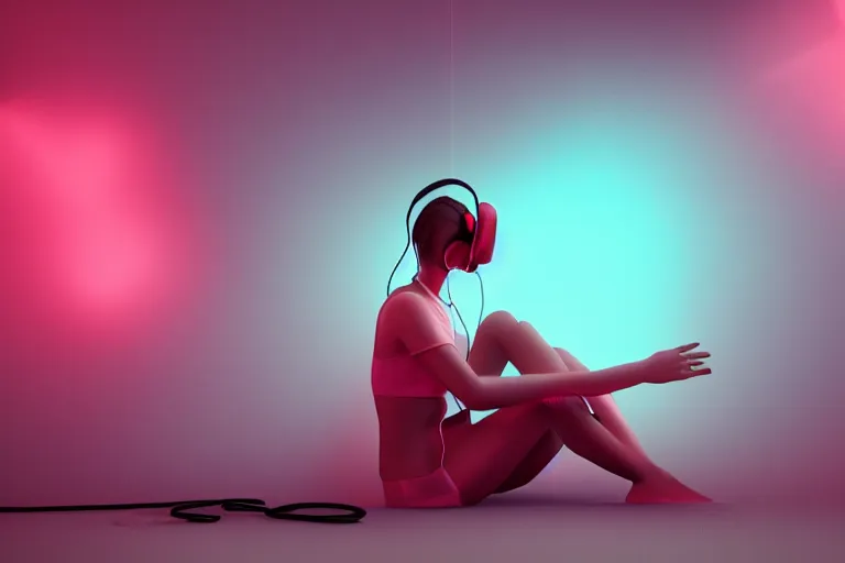 Image similar to a cute girl wearing headphones sitting on a cloud relaxing, misty, glows, blender render, hazy, foggy, red lighting, ambient lighting, 8 k, neon, synthwave, cyberpunk,