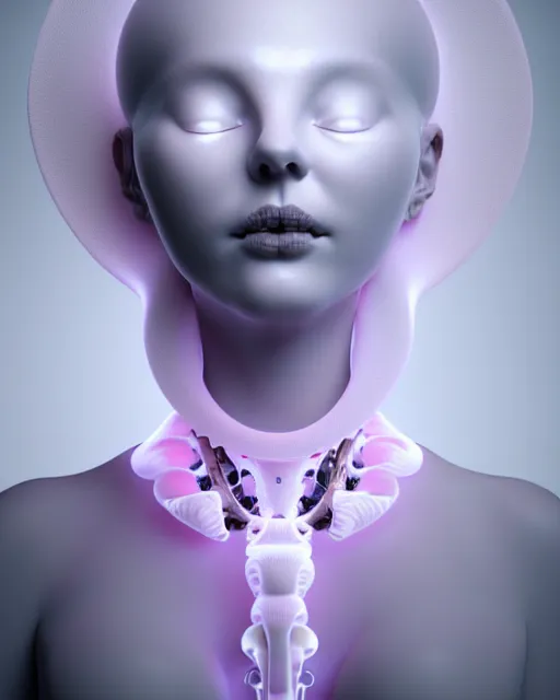 Image similar to white background, halo, dreamy foggy elegant soft luminous profile face 3 d render of a beautiful young baby pink biomechanical - female - cyborg with a delicate detailed black mandelbrot fractal texture skin and a very long neck with white gothic pearl embroidered collar, white smoke atmosphere, hg giger, 8 k