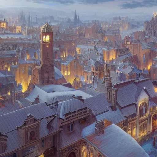 Image similar to an ultra detailed matte painting of the quaint capital city of galic, grid shaped city cobblestone streets, fantasy city, light snowfall, wind, inspiring renaissance architecture, ultrawide lense, aerial photography, unreal engine, exquisite detail, 8 k, art by greg rutkowski and alphonse mucha