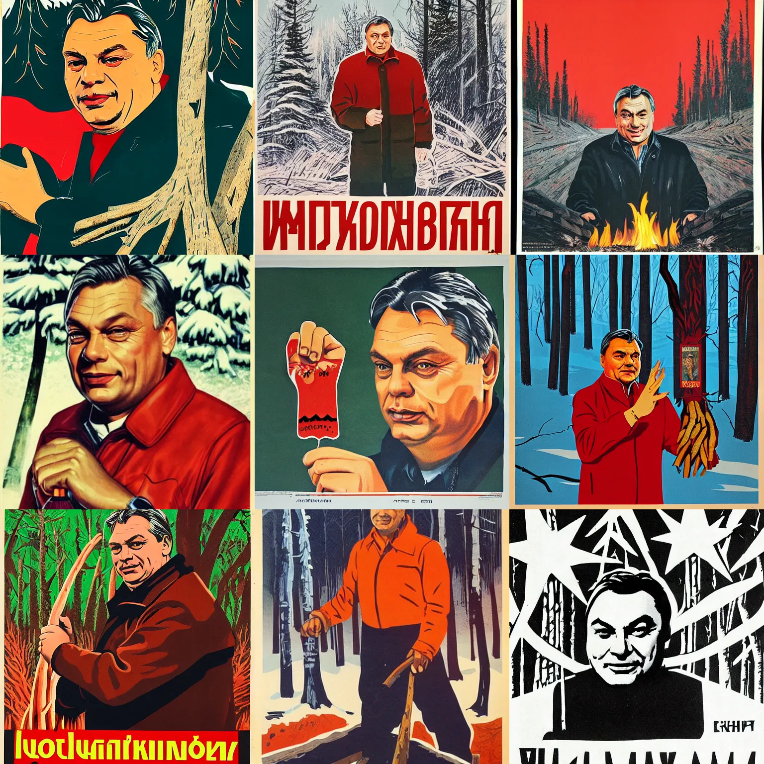 Prompt: soviet poster of viktor orban, highly detailed face, burning wood piece in hand, winter forest in background