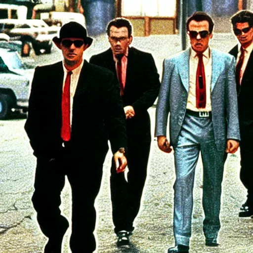 Image similar to six thugs, who are strangers to each other, are hired by a crime boss, joe cabot, to carry out a diamond robbery, cinematic light, movie scene, reservoir dogs, tarantino
