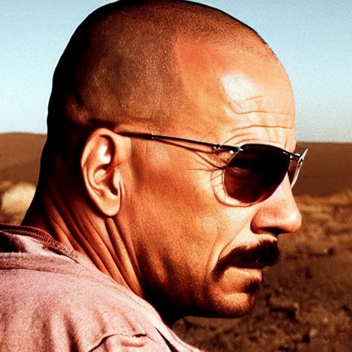 Prompt: a still of Breaking Bad featuring Vin Diesel with a goatee as Walter White, 1986 Fleetwood Bounder RV in the desert background, realistic, cinematic, high detail