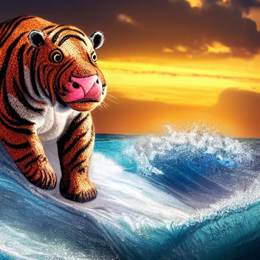 Prompt: a closeup photorealistic photograph of a smiling cute knitted tiger hippopotamus riding a large wave during sunset. surf in the background. professional capture. brightly lit scene. this 4 k hd image is trending on artstation, featured on behance, well - rendered, extra crisp, features intricate detail, epic composition and the style of unreal engine.