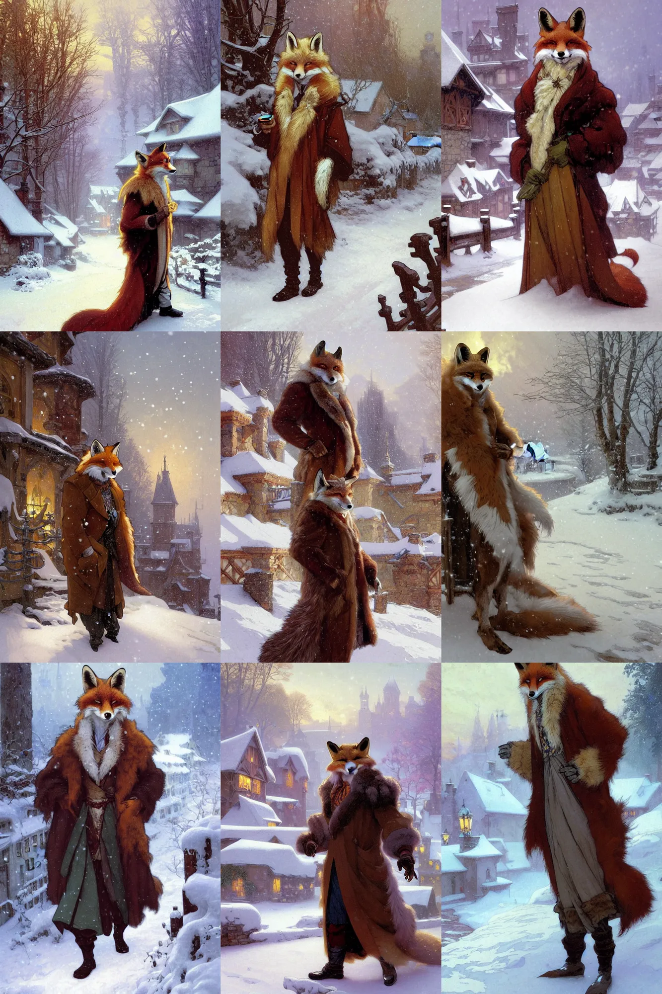 Prompt: an anthropomorphic fox man wearing a long fur coat in a snowy village, character illustration by greg rutkowski, thomas kinkade, alphonse mucha, Franz Xaver Winterhalter