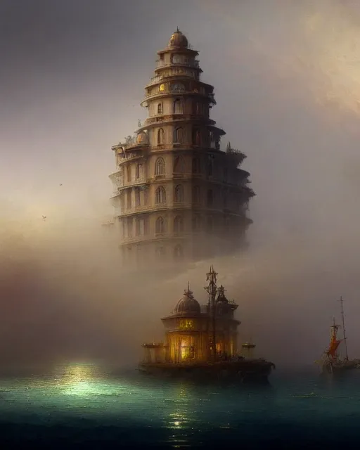 Prompt: unfinished building by ivan aivazovsky, steampunk poppy retro atlantis futuristic water biopunk gem cosmic, archdaily, wallpaper, highly detailed, trending on artstation.