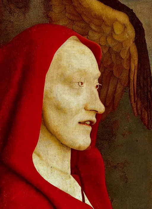 Image similar to profile of a fallen angel dressed in red with wings by Jan van Eyck, Hieronymus Bosch, Johannes Vermeer 4k post-processing, highly detailed medieval painting