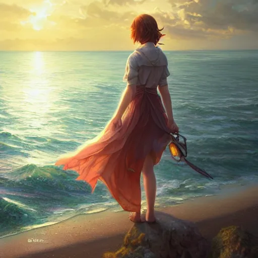 Prompt: max caulfield watching sunset on the sea, fantasy, intricate, young, highly detailed, digital painting, artstation, concept art, smooth, sharp focus, illustration, art by Tom Bagshaw, artgerm and greg rutkowski and alphonse mucha