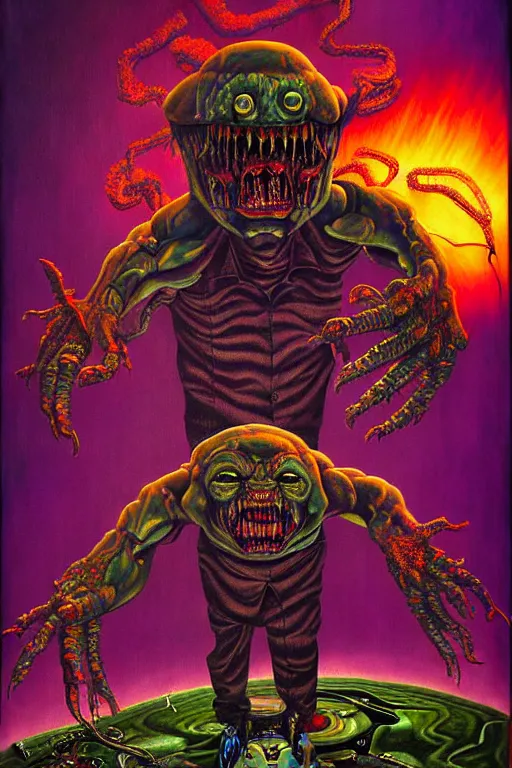 Prompt: a hyperrealistic painting of a grandiose boss fight against evil television, cinematic horror by jimmy alonzo, the art of skinner, chris cunningham, lisa frank, richard corben, highly detailed, vivid color,