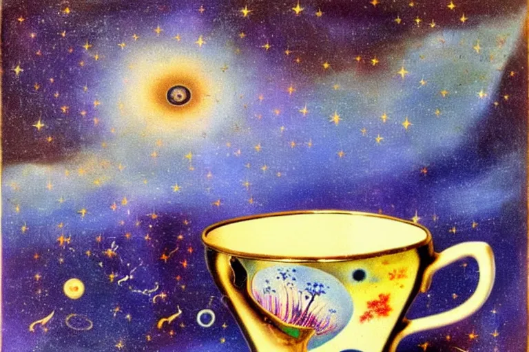 Image similar to painting of Starry cosmos trapped in vintage enameled cup of tea By Salvador Dali