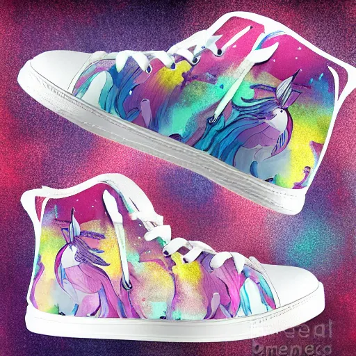 Prompt: Unicorn sneakers designed by Tinker Hatfield, digital art