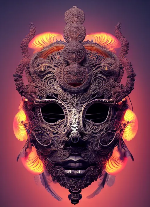 Image similar to 3 d face in venetian mask portrait, global illumiantion beautiful intricate highly detailed quetzalcoatl skull and feathers. bioluminescent, plasma, lava, ice, water, wind, creature, thunderstorm! artwork by tooth wu and wlop and beeple and greg rutkowski, 8 k trending on artstation,