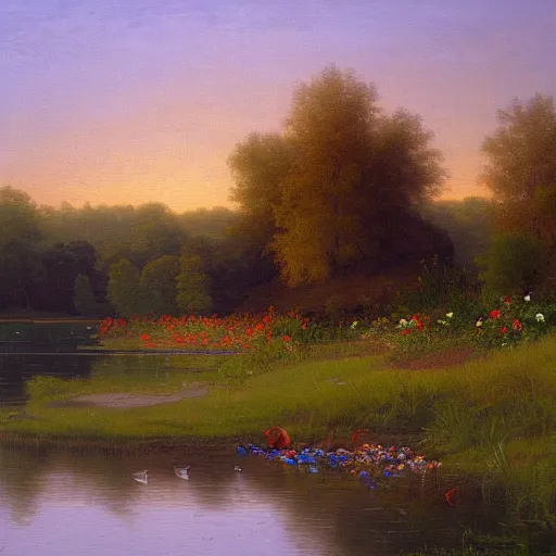 Image similar to a painting of a duck pond at sunset, surrounded by flower bushes, a detailed matte painting by Robert S. Duncanson, deviantart, hudson river school, terragen, trending on artstation