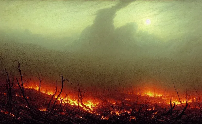 Prompt: a plague of locusts over burning forest. desolate landscape. fields on fire. greg rutkowski gustave dore caspar david friedrich dystopian hyperdetailed landscape. millions of tiny locusts in the sky