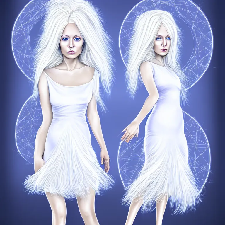 Prompt: professional digital art portrait of a wonderful symmetrical albino goddess with a fuffy white hair and dressed with a majestic sem transparent cotton dress