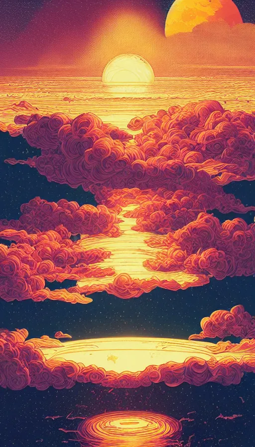 Image similar to harvest moon floating on cosmic cloudscape at sunset, futurism, dan mumford, victo ngai, kilian eng, da vinci, josan gonzalez