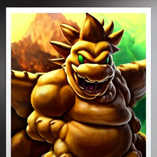 Image similar to An ultra realistic portrait painting of Bowser the Koopa King in the style of Frank Frazetta, 4k, Ultrarealistic, Highly Detailed, Dark Fantasy, Epic Lighting