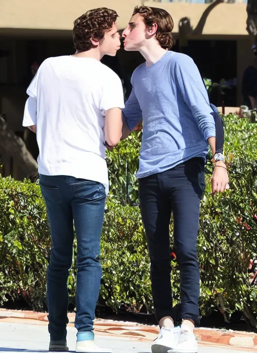 Prompt: photo of Timothee Chalamet kissing boyfriend Armie Hammer in LA