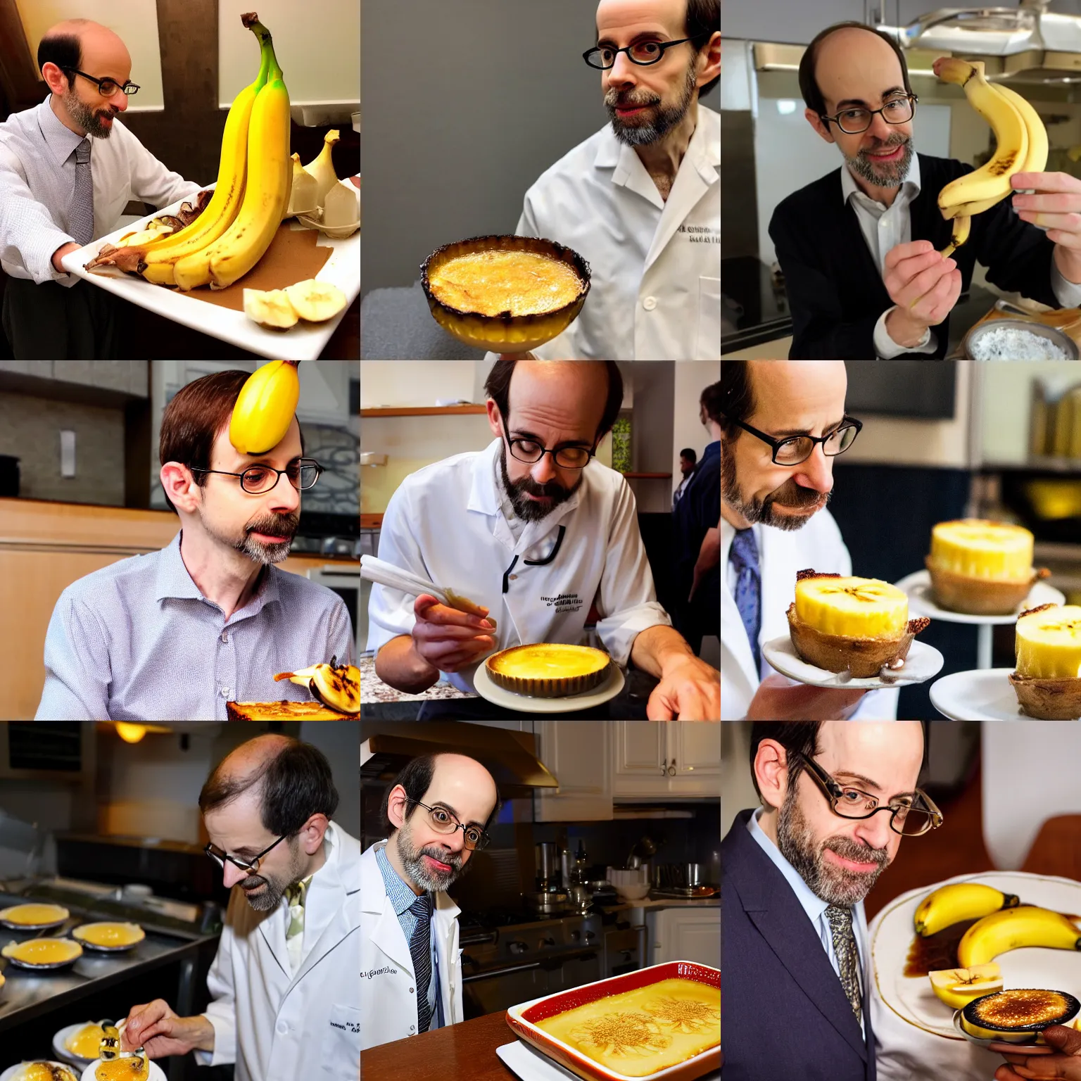 Prompt: dr michael greger looking at a creme brulee with banana slice on top,