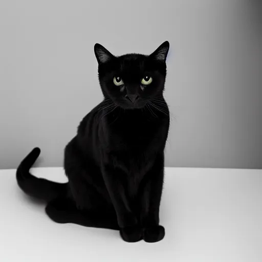 Prompt: national geographic photograph of a sleek black cat sitting in a white room