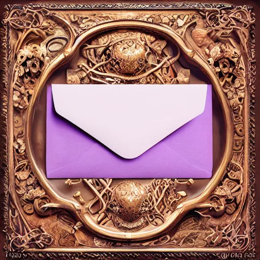 Image similar to close - up lilac envelope letter stamped with a wax seal with an octopus emblem, intricate hyper detailed ultra sharp, sharp focus, global illumination, painting, museum, masterpiece, vermeer, radiant light, alexandre ferra, irakli nadar, octane render, unreal engine, 4 k, ultra hd,