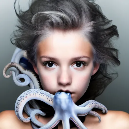 Image similar to A girl with a gray octopus for hair, very young and beautiful face, silver eyes, HD, hyper realistic