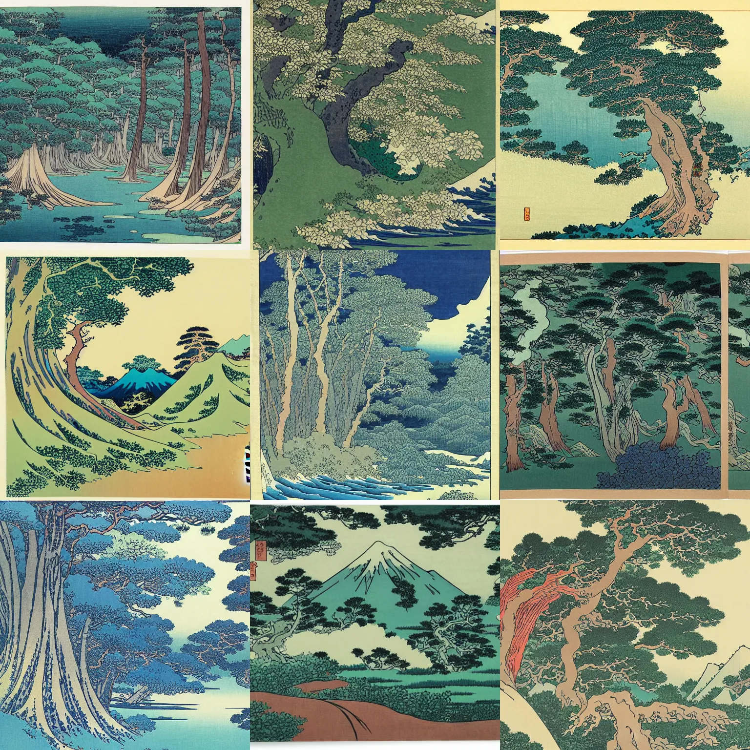 Prompt: a beautiful forest landscape painting by hokusai
