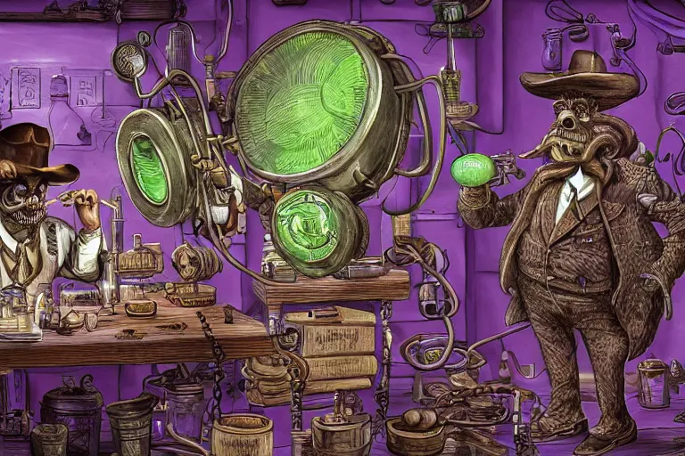 Image similar to Uncle Aloysius, snake oil salesman, wild west crypto pharmaceutical industrialist apothecary alchemist tinkerer engineer, cute, fantasy, intricate, elegant, highly detailed, digital painting, 4k, HDR, concept art, smooth, sharp focus, illustration, purple green color scheme, art by Ed Roth and H R Giger