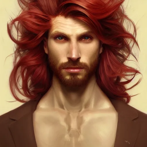 Image similar to portrait of a shark with a humanoid face, male, handsome, masculine, full body, red hair, long hair, soft hair, fantasy, intricate, elegant, highly detailed, suit, coffee shop, digital painting, artstation, concept art, character art, smooth, sharp focus, illustration, art by artgerm and greg rutkowski and alphonse mucha