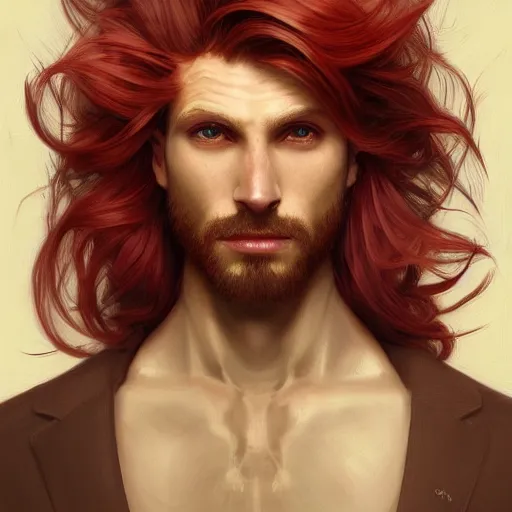 Prompt: portrait of a shark with a humanoid face, male, handsome, masculine, full body, red hair, long hair, soft hair, fantasy, intricate, elegant, highly detailed, suit, coffee shop, digital painting, artstation, concept art, character art, smooth, sharp focus, illustration, art by artgerm and greg rutkowski and alphonse mucha