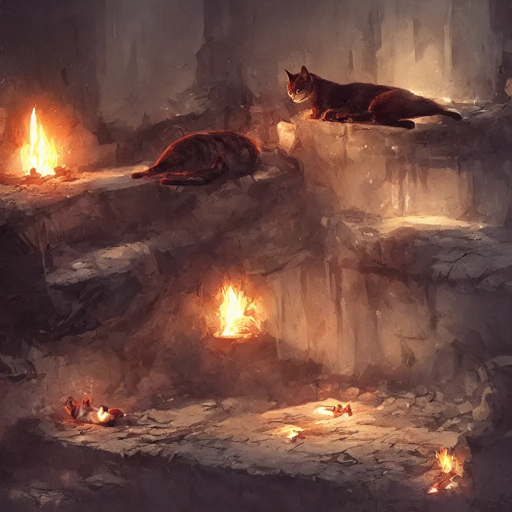 Image similar to cat laying on bed in under ground base, concept art, by greg rutkowski, fire, ice