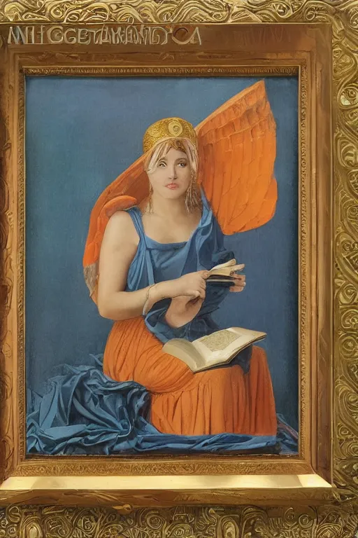 Prompt: beautiful oil painting of the goddess Athena in an ancient library, toga, colourful book, orange mist, by John William Godward and Anna Dittman, masterpiece