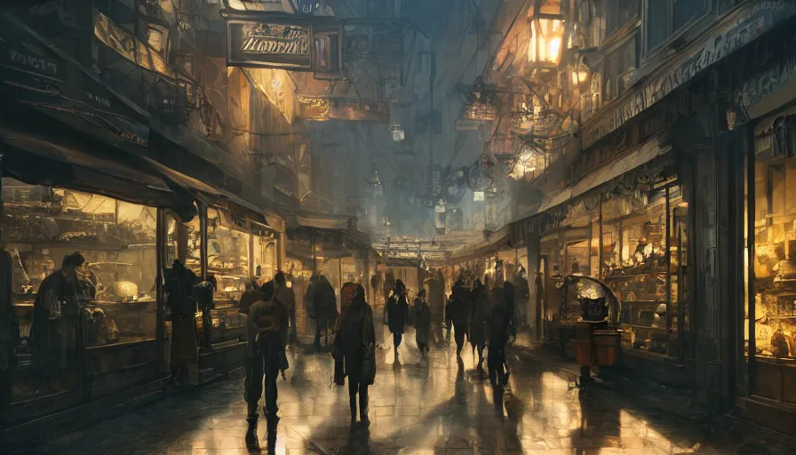 Prompt: Antique store in a Dieselpunk city, shopping street, shopwindows, light, shadows, reflections, steam, epic composition, intricate, elegant, volumetric lighting, digital painting, highly detailed, artstation, sharp focus, illustration, concept art, ruan jia, steve mccurry