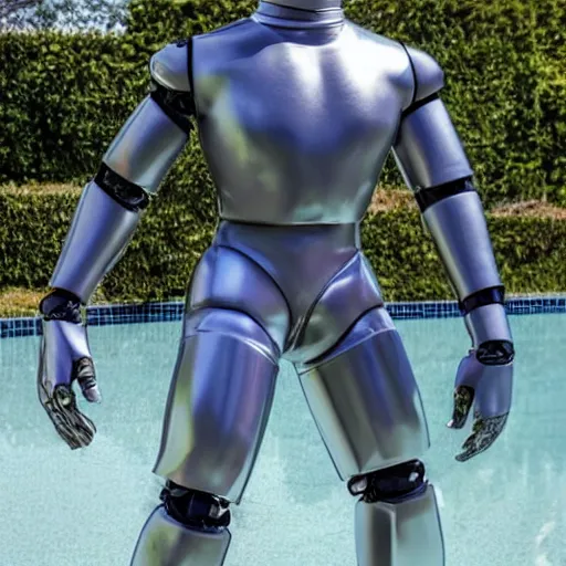 Image similar to a realistic detailed photo of a guy who is an attractive humanoid who is half robot and half humanoid, who is a male android, wrestler nick suriano, shiny skin, posing like a statue, blank stare, by the pool, on display, showing off his muscles, humanoid robot, frozen ice statue