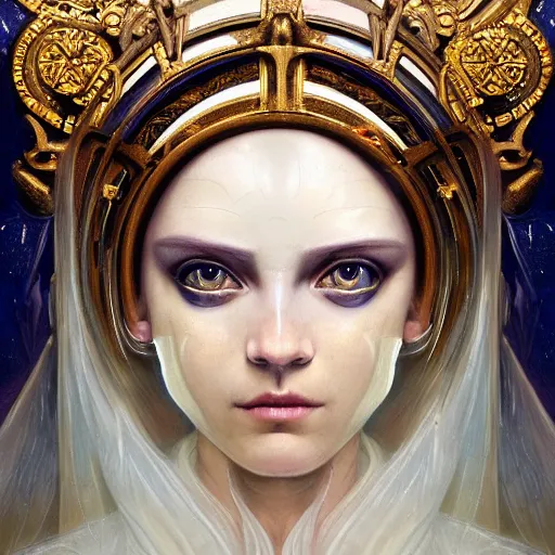 Prompt: masterpiece baroque neoclassicist closeup renaissance portrait of a art deco android priestess, glowing eyes. reflective detailed textures, highly detailed fantasy science fiction painting by magali villeneuve, annie swynnerton, peter mohrbacher and jean delville and nicholas roerich, elaborate geometric ornament, silver and cool colors. artstation