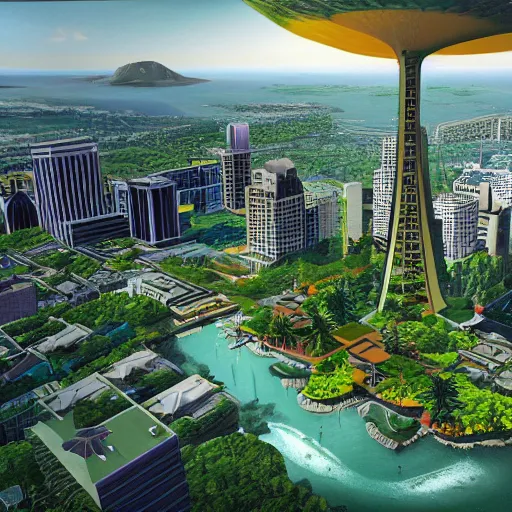 Prompt: Portland as Neo-Hawaii in the year 2055, soaring, lush, detailed