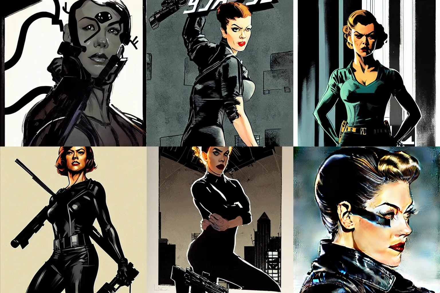 Prompt: Rafael Albuquerque comic art, Norman Rockwell, Adrianne Palicki as a Russian spy, black outfit, smirk, fun pose, hair pulled back symmetrical face, symmetrical eyes, realistic face