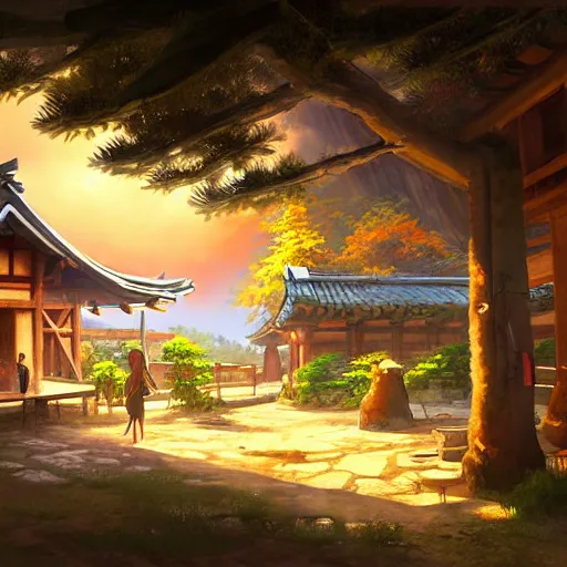 Prompt: concept art painting of a tavern with european and japanese architecture, in a small medieval village surrounded by trees, in a mountain valley, evening, sunset lightning, realistic, highly detailed, cel shaded, in the style of makoto shinkai and greg rutkowski and james gurney