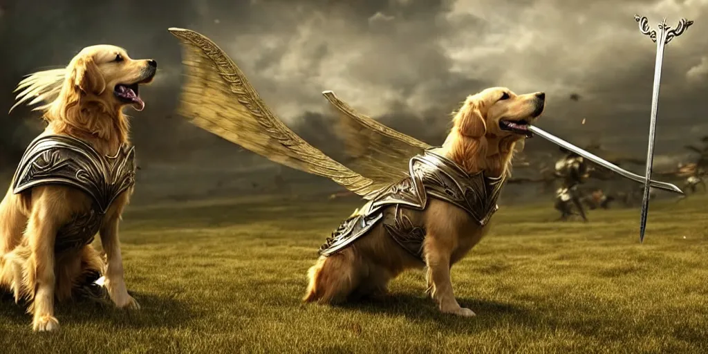 Prompt: golden retriever in medieval armor with wings and sword epic battle, photorealistic ultra detail quality shot from michael bay movie