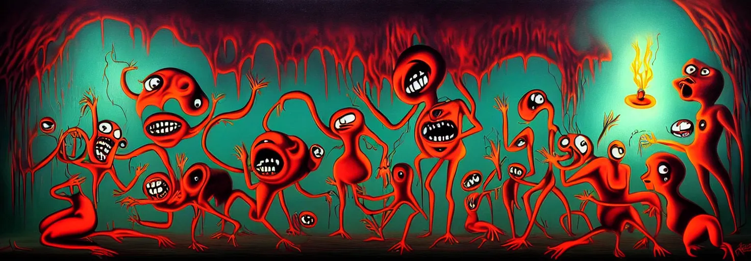 Image similar to visceral freaky monsters from the darkest depths of collective unconscious, dramatic glowing lighting, 1 9 3 0 s fleischer cartoon characters, wild emotional expressions - surreal painting by ronny khalil